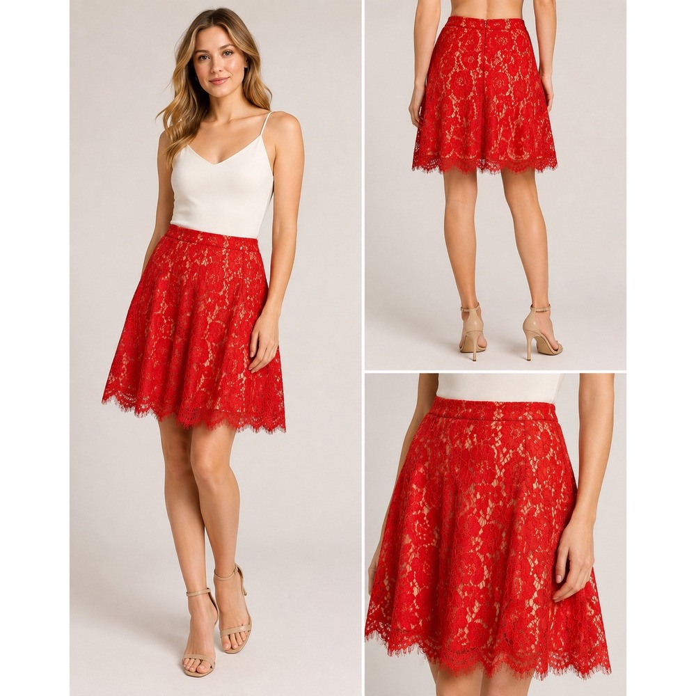 Everly Red Floral Eyelash Lace Mini Skirt A-Line Nude Lining ES2015 Womens Small